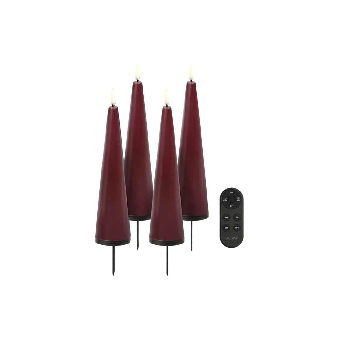 Clearance Uyuni Lighting Giftbox w. spike, remote, LED cone candle 4-pack, wine red