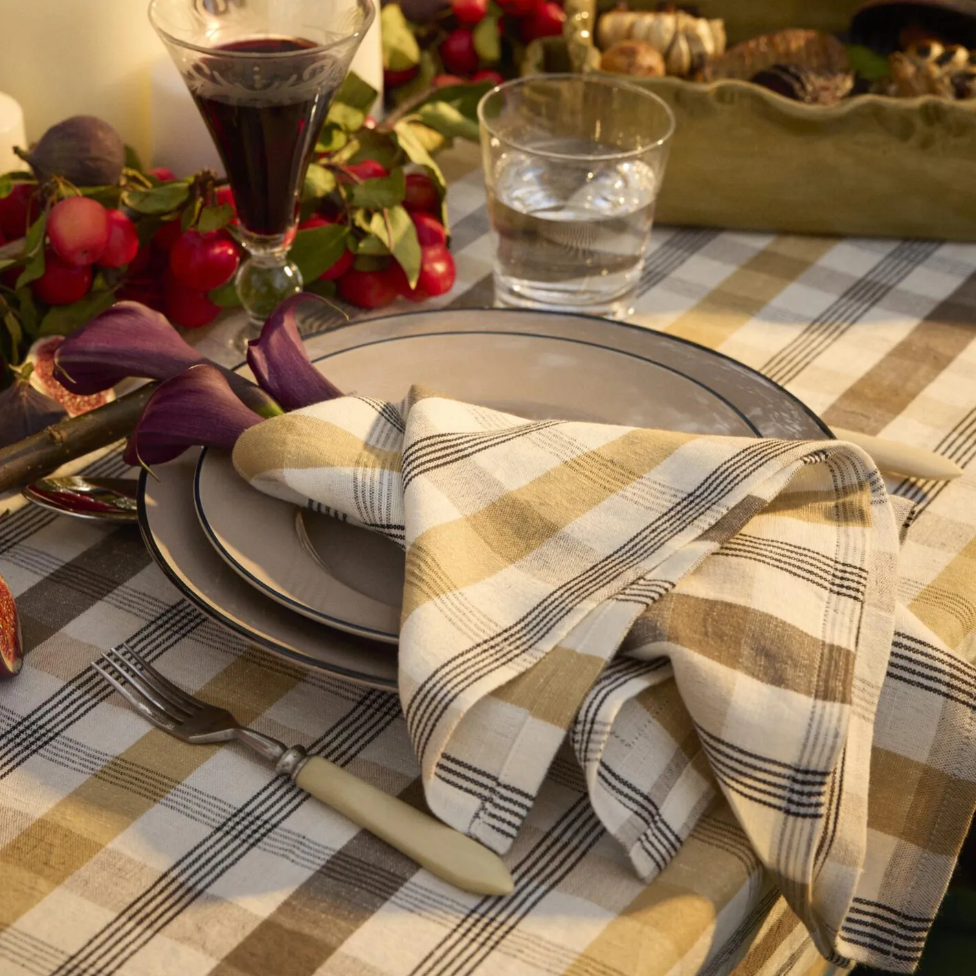 Outlet Lexington Linen/Cotton Tablecloth, olive/white/stone